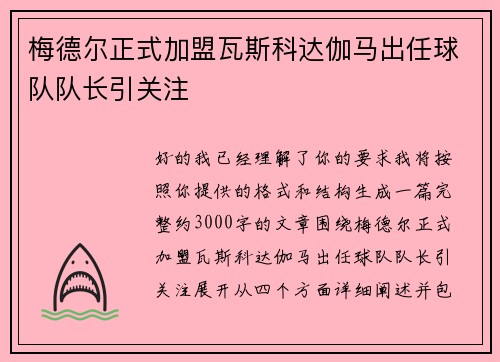 梅德尔正式加盟瓦斯科达伽马出任球队队长引关注 梅德尔正式加盟瓦斯科达伽马出任球队队长引关注