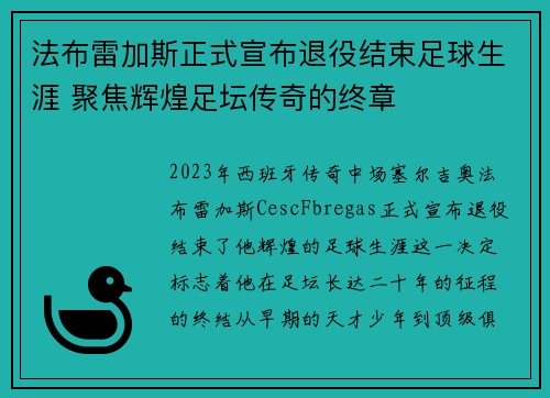 法布雷加斯正式宣布退役结束足球生涯 聚焦辉煌足坛传奇的终章 法布雷加斯正式宣布退役结束足球生涯 聚焦辉煌足坛传奇的终章