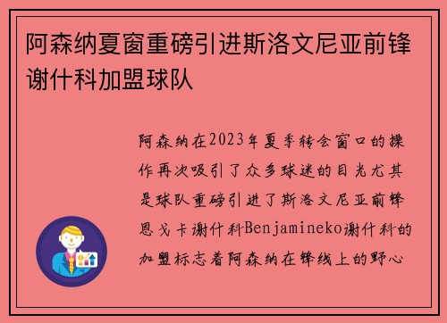 阿森纳夏窗重磅引进斯洛文尼亚前锋谢什科加盟球队